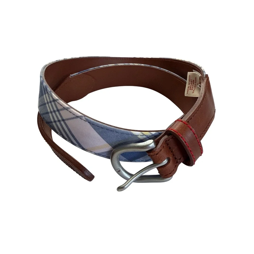 Brooks Brothers Plaid Cotton Leather Belt Medium Blue Pink Yellow Preppy